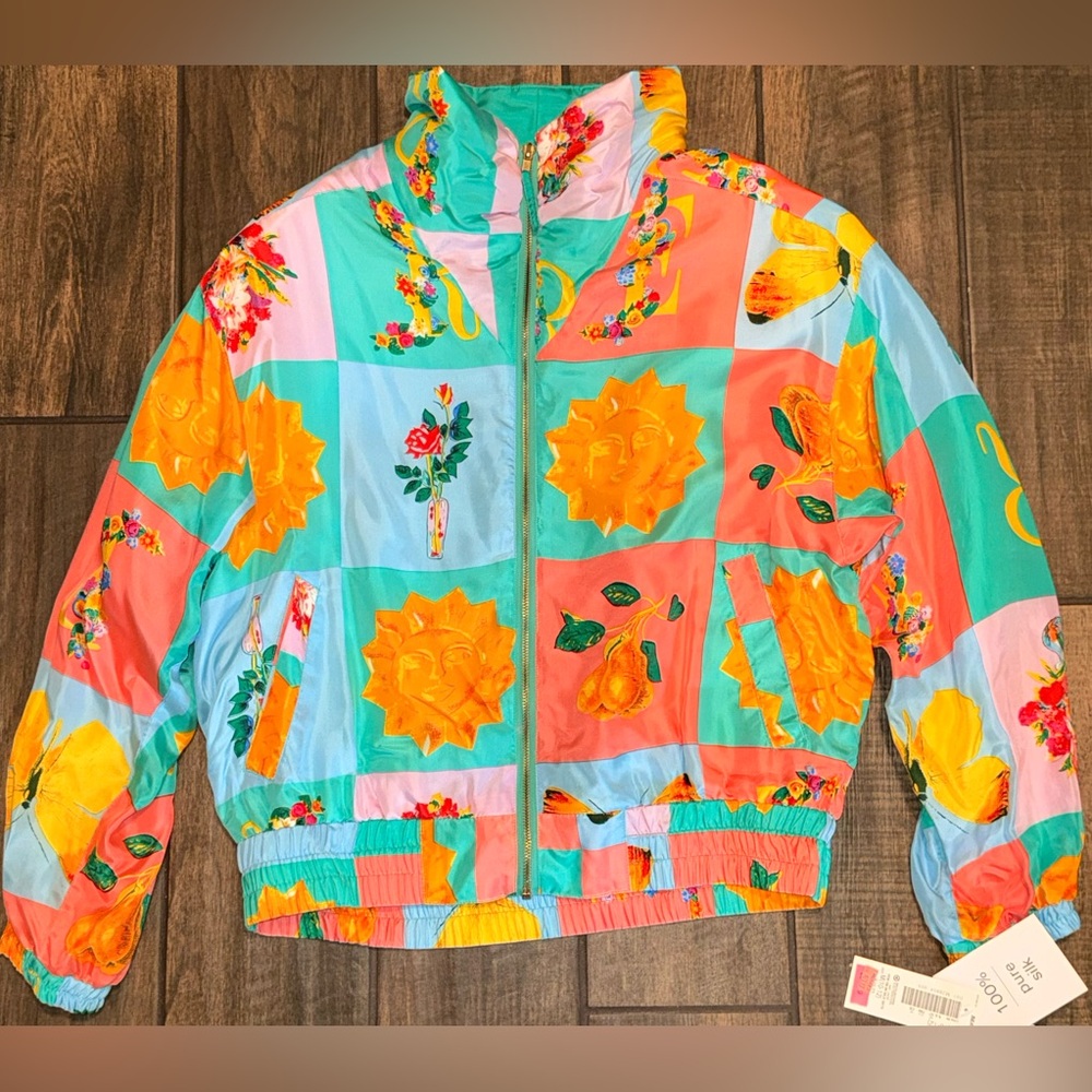 100% Silk 1980s With Tags Vintage Aqua Pants with Colorful Floral Windbreaker - Picture 7 of 8